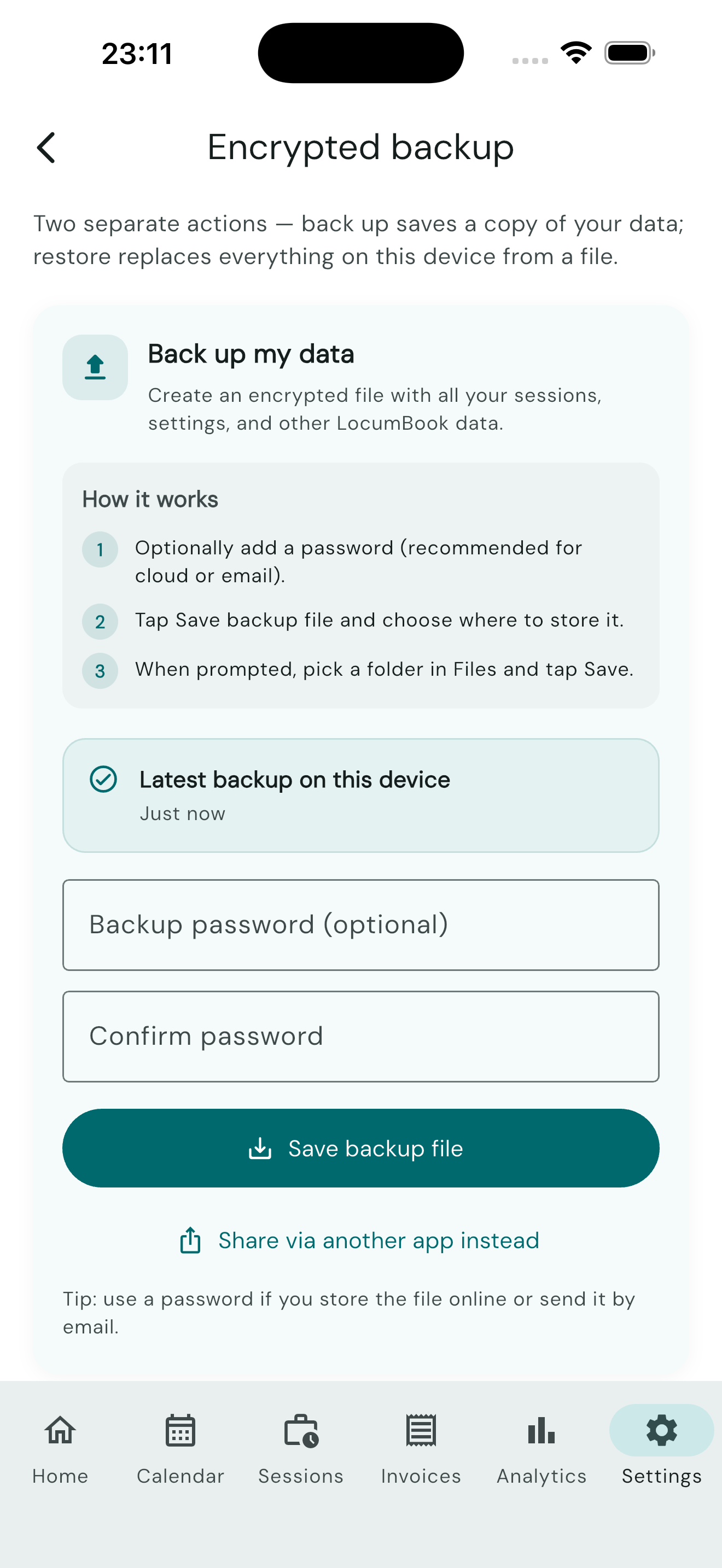 Create and restore local backup in Data management