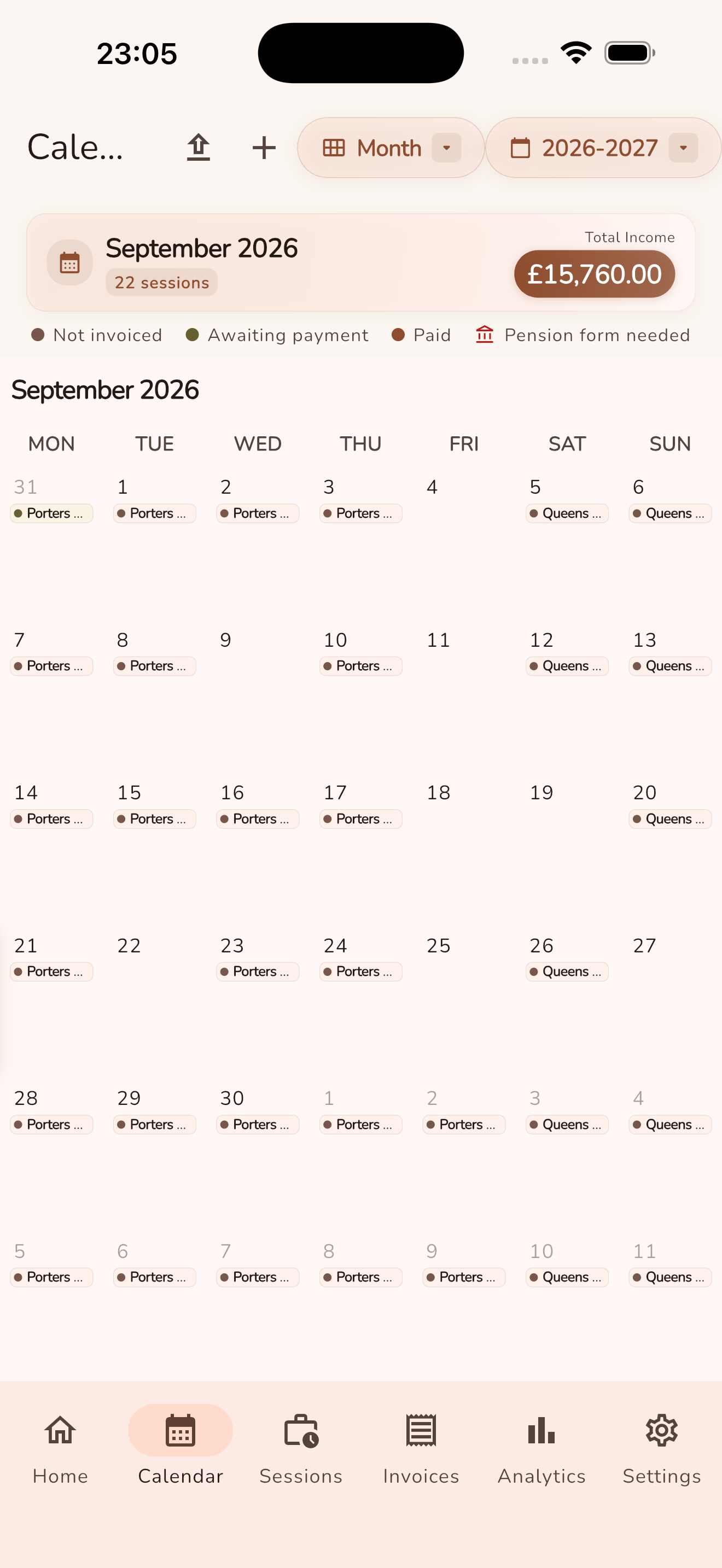 Monthly calendar with session colours and income total