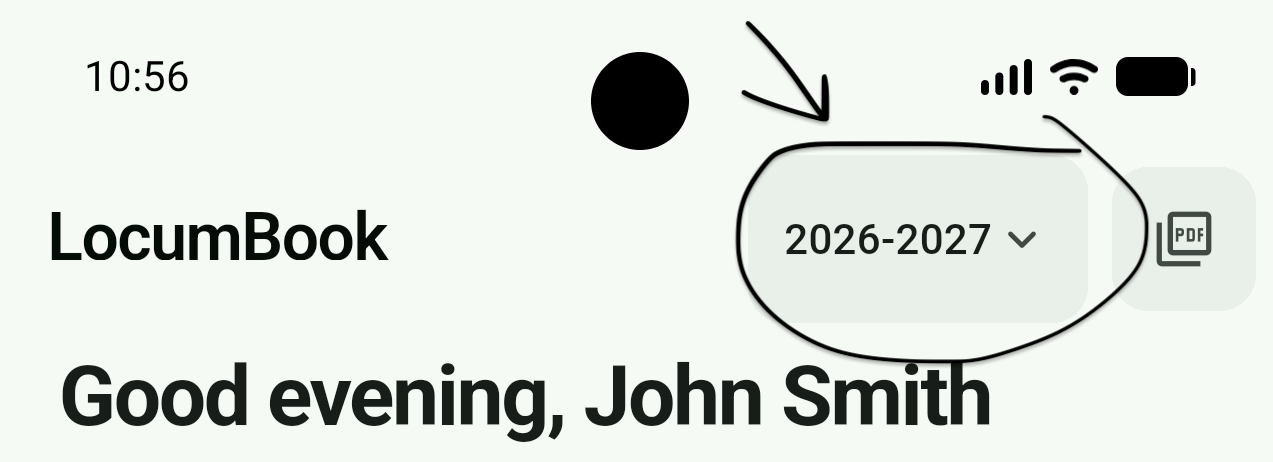 Tax year chip in the dashboard header