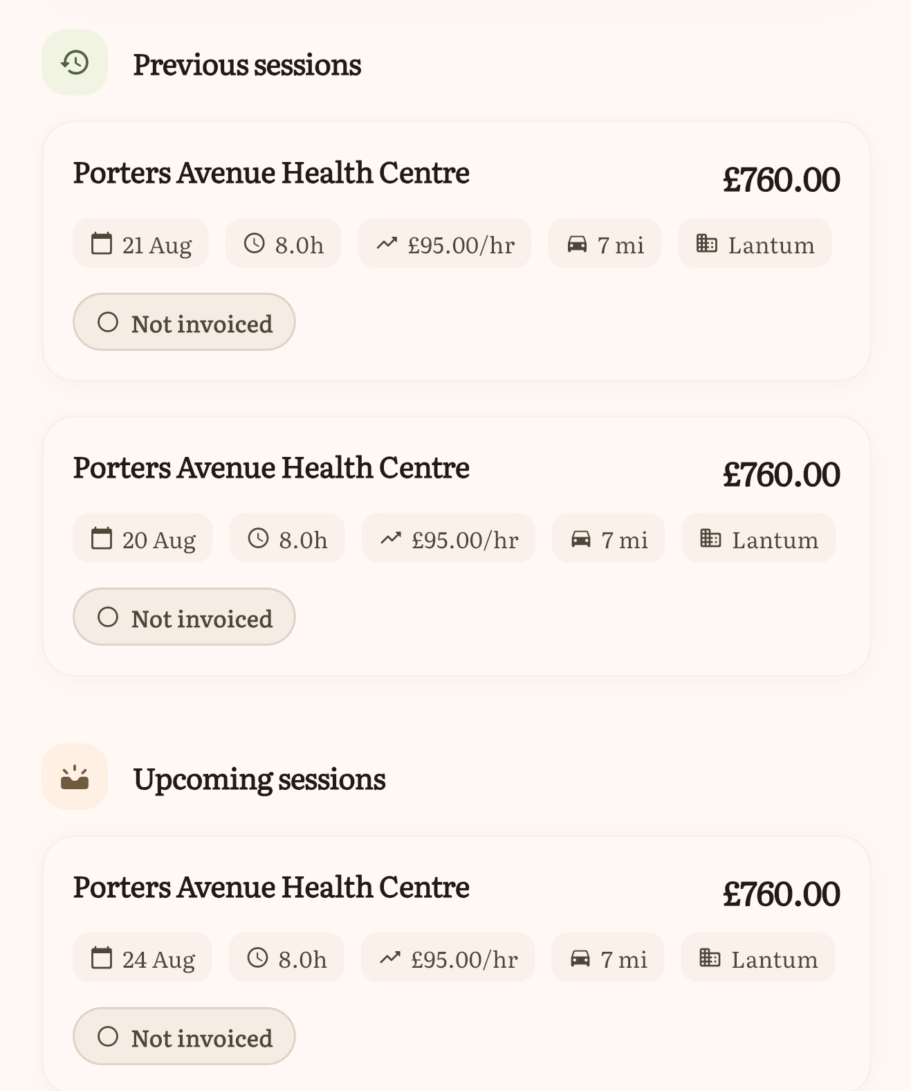 Previous and upcoming session cards on the dashboard