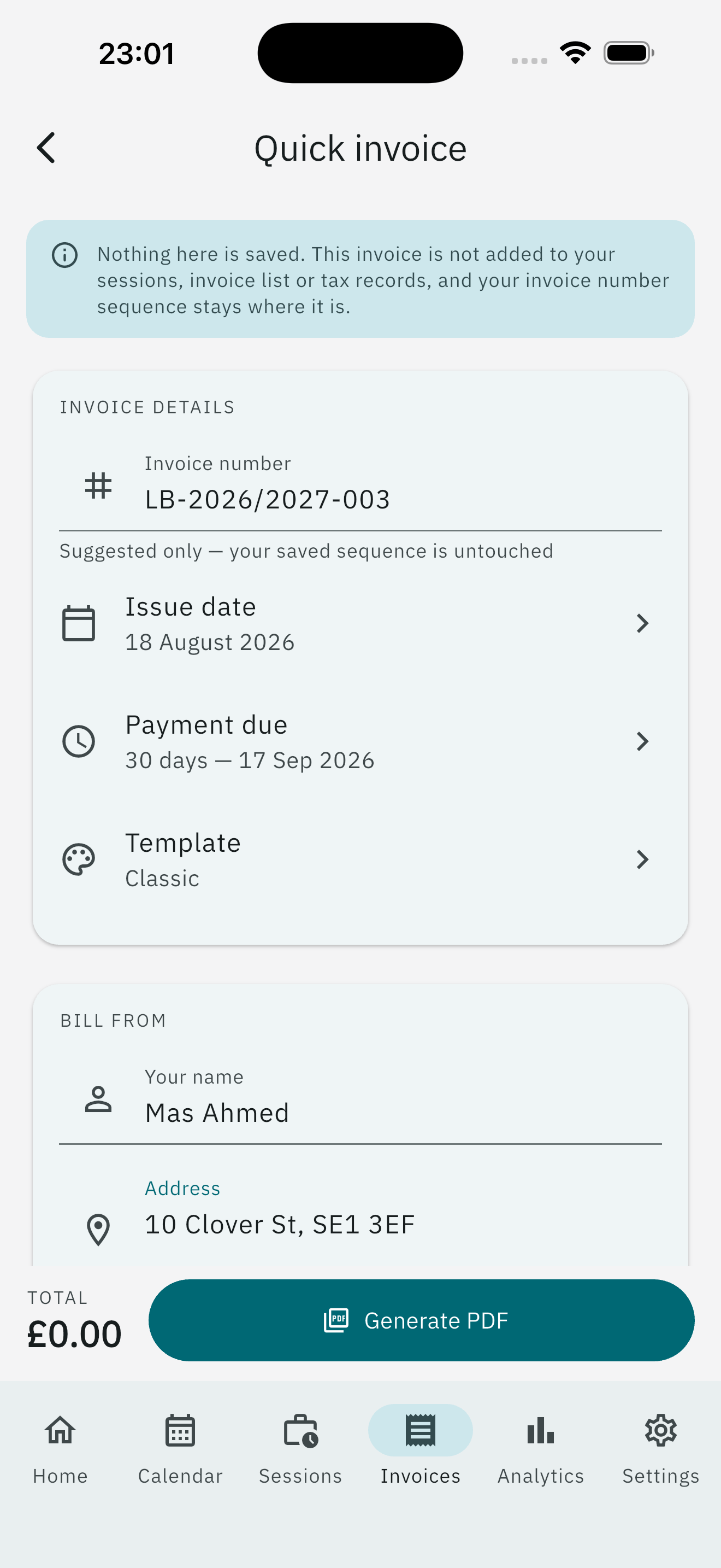 Invoice reference, payee, issue date, and template fields