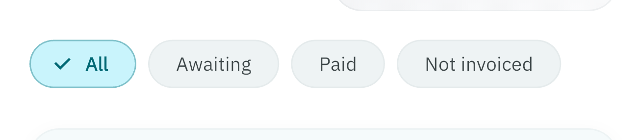 Invoice filter chips for All, Awaiting, Paid, and Not invoiced
