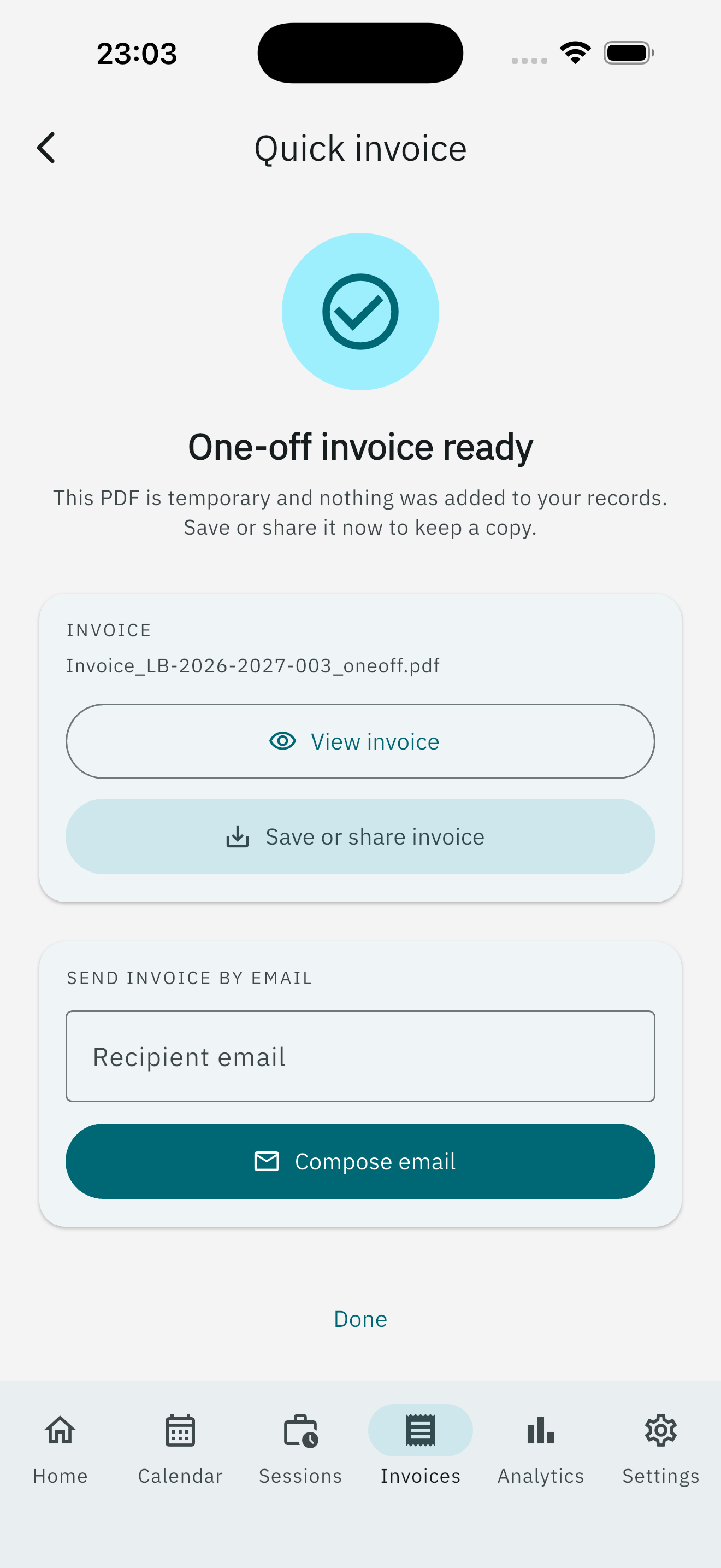 Invoice ready screen with preview, share, and email