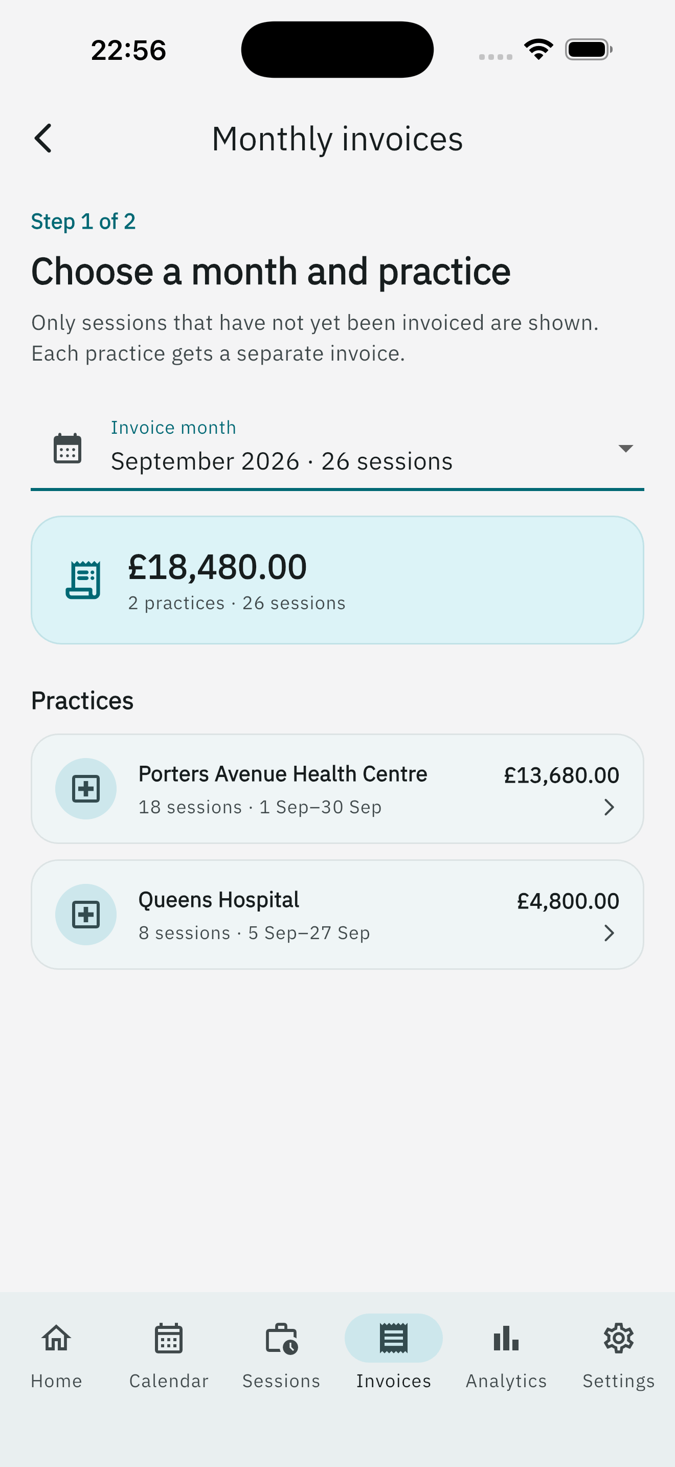 Invoice month picker and practice cards