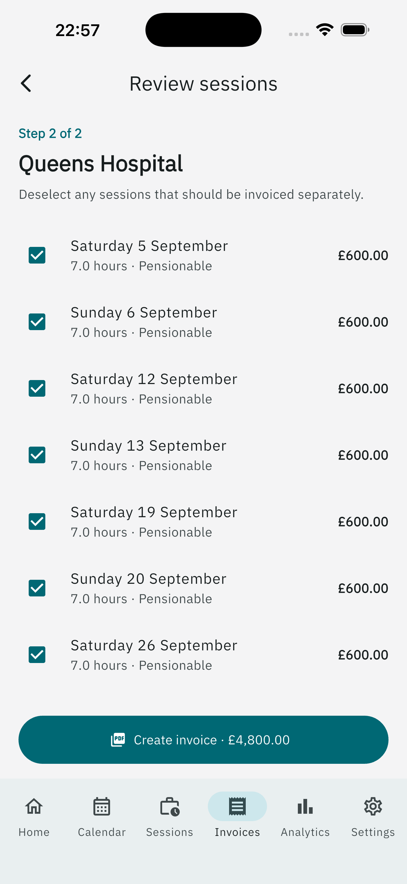 Review sessions checkboxes before creating an invoice