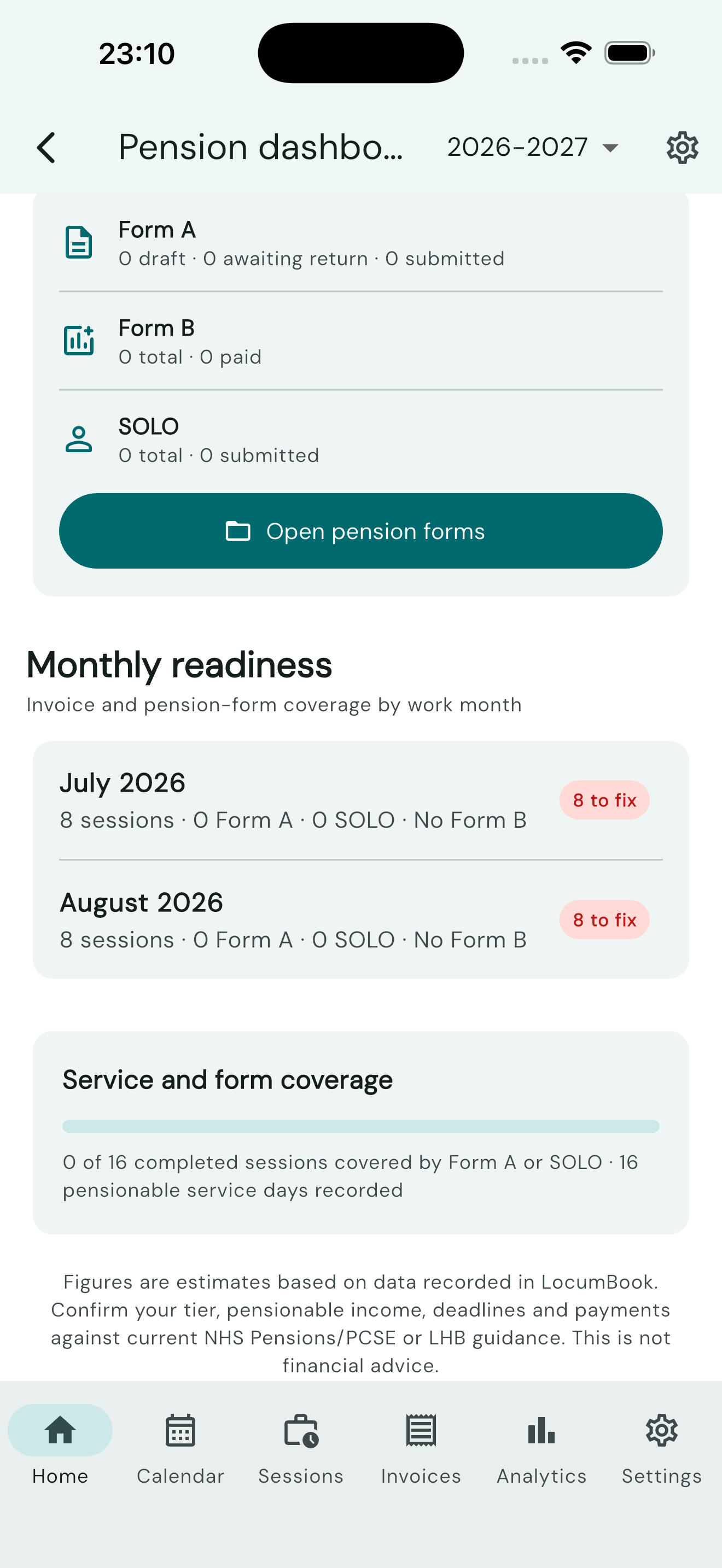 Pension tracking controls for a session