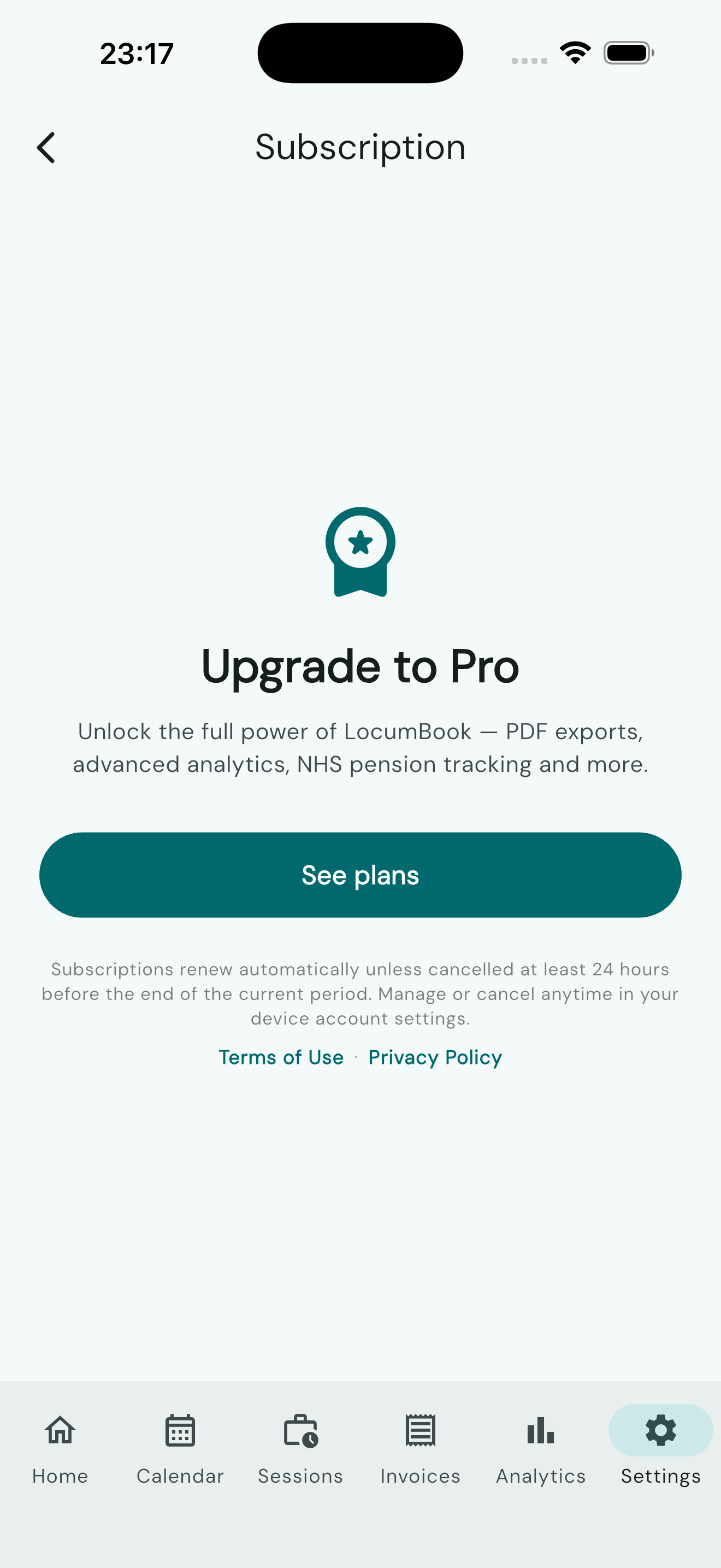 Upgrade to Pro screen with See plans button