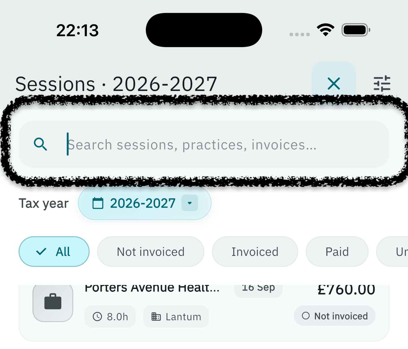 Search field on the Sessions screen