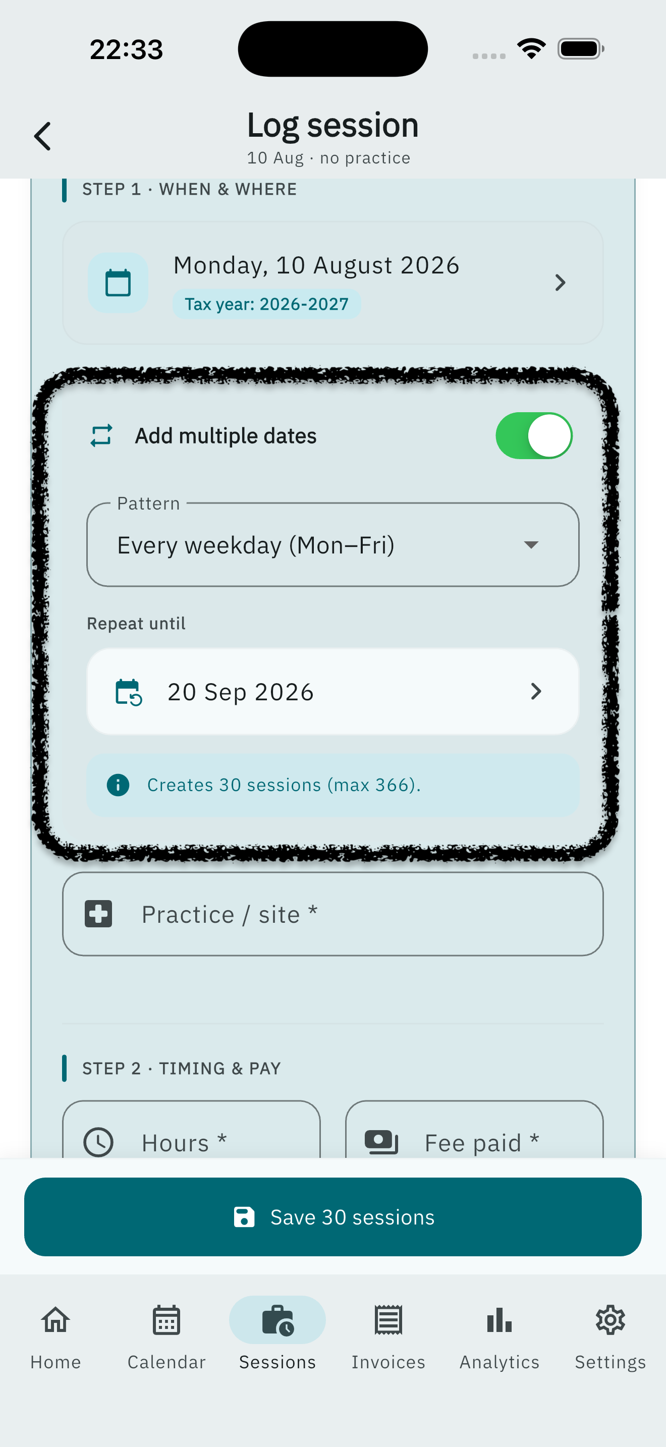 Add multiple dates with weekday pattern and Save 30 sessions