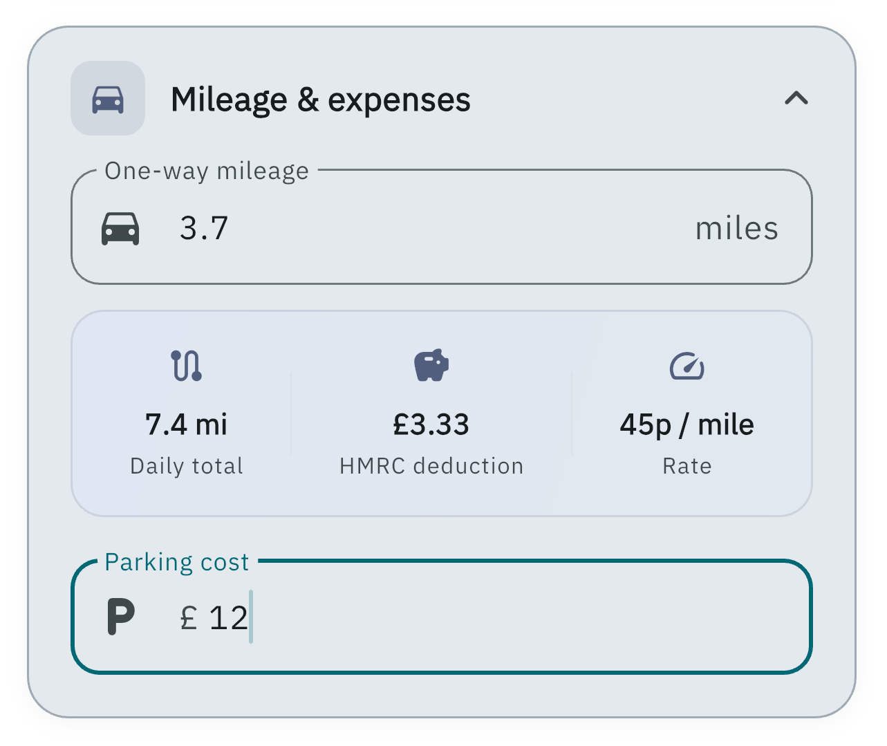 One-way mileage and parking fields on Log session