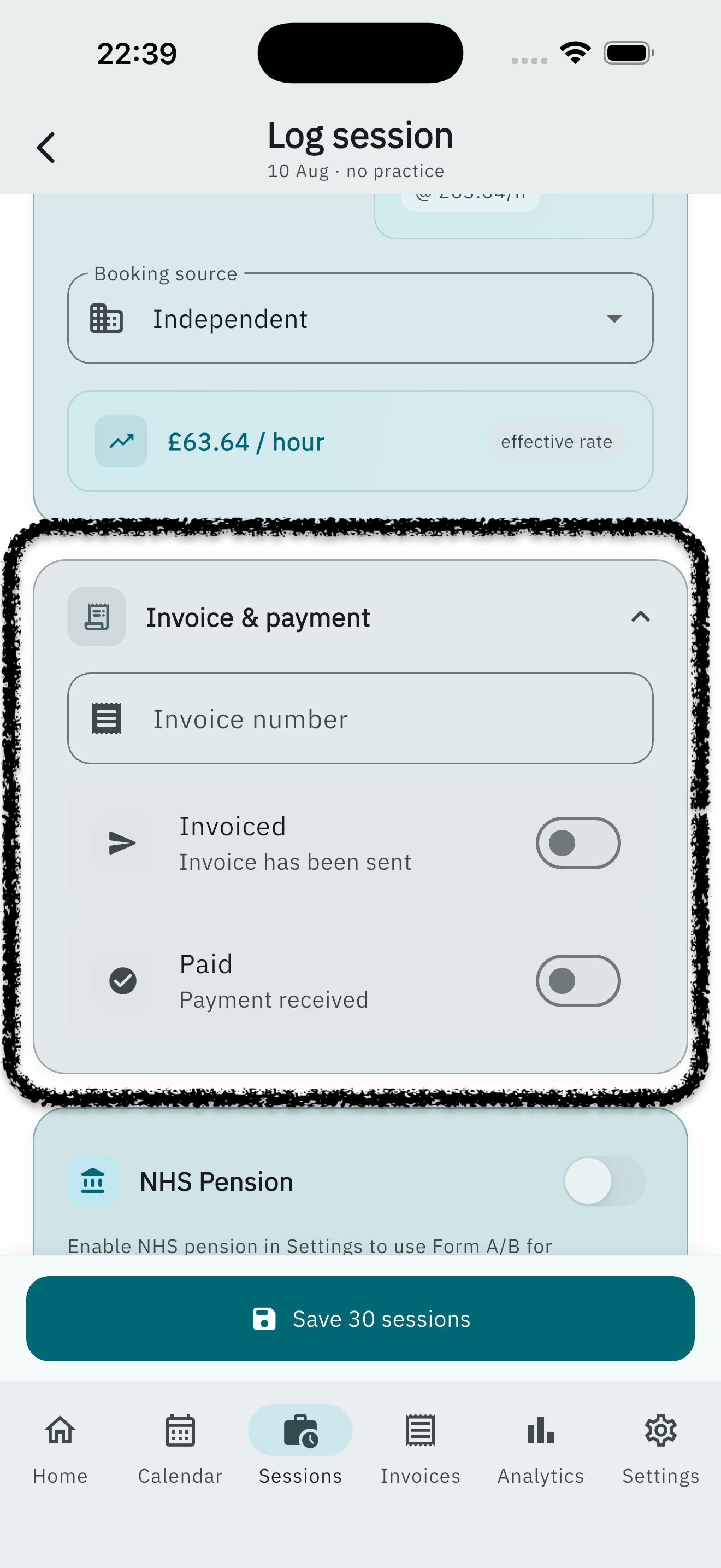 Invoice number and invoiced or paid toggles on Log session