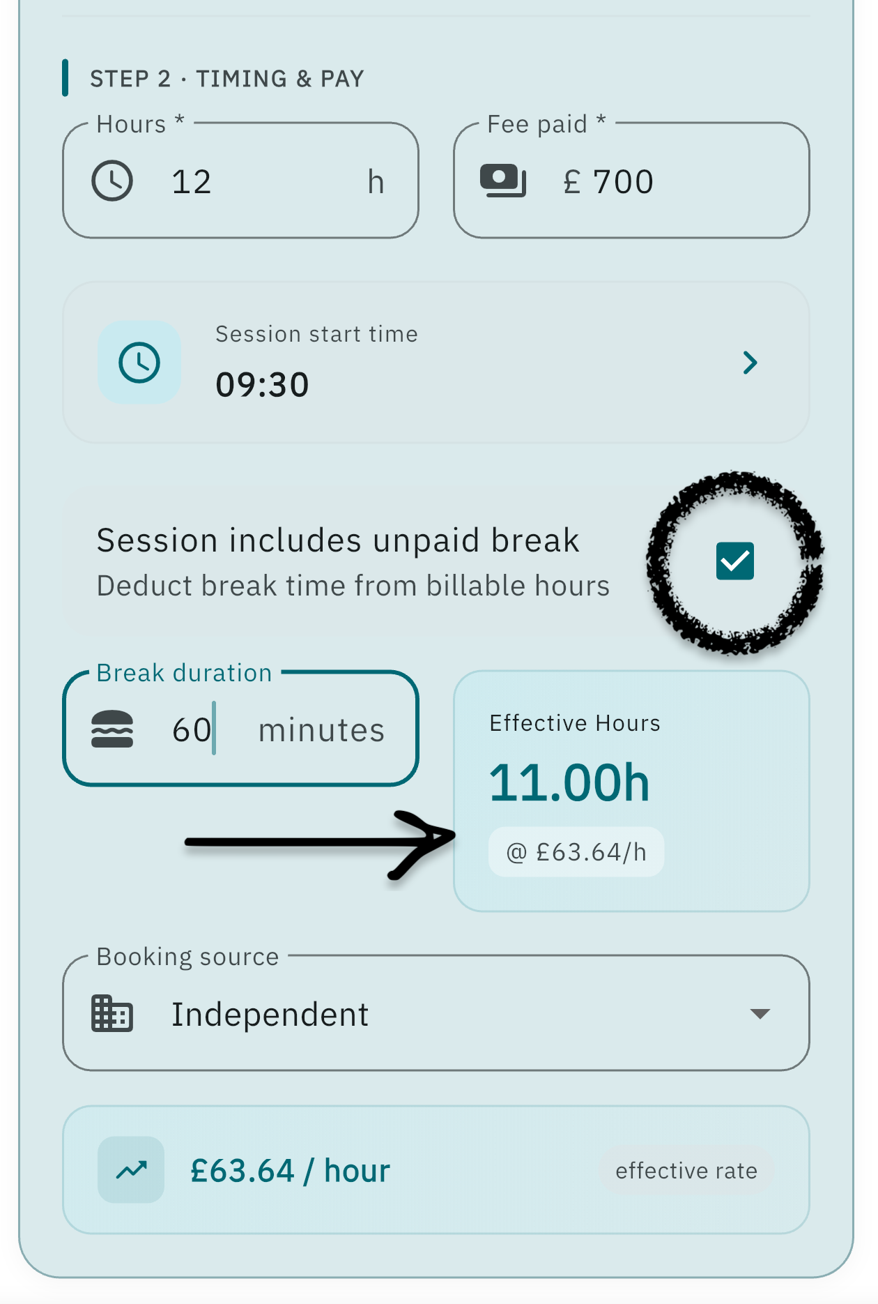 Hours, fee, start time, and booking source on Log session