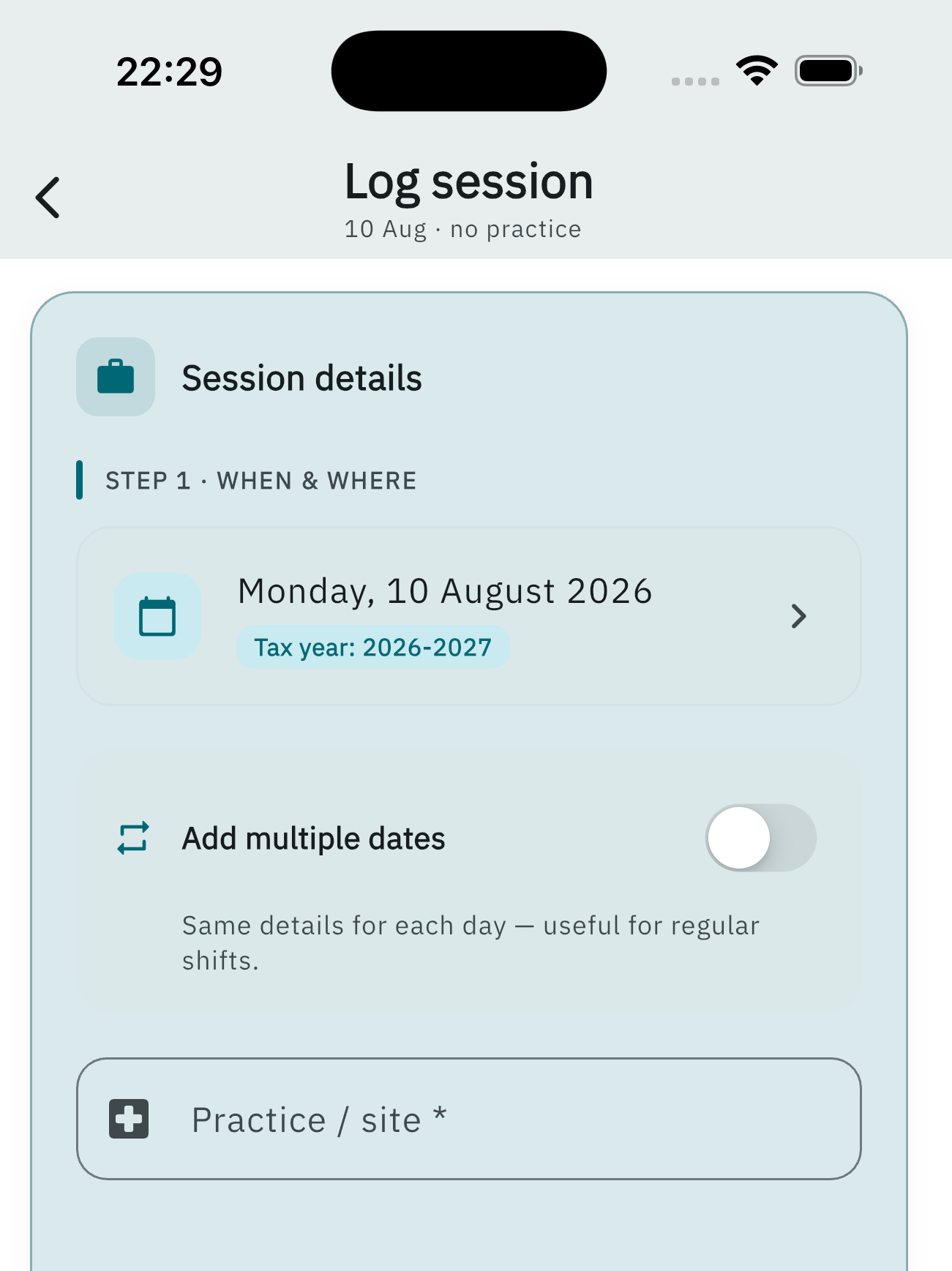 Log session form showing date, multiple dates, and practice