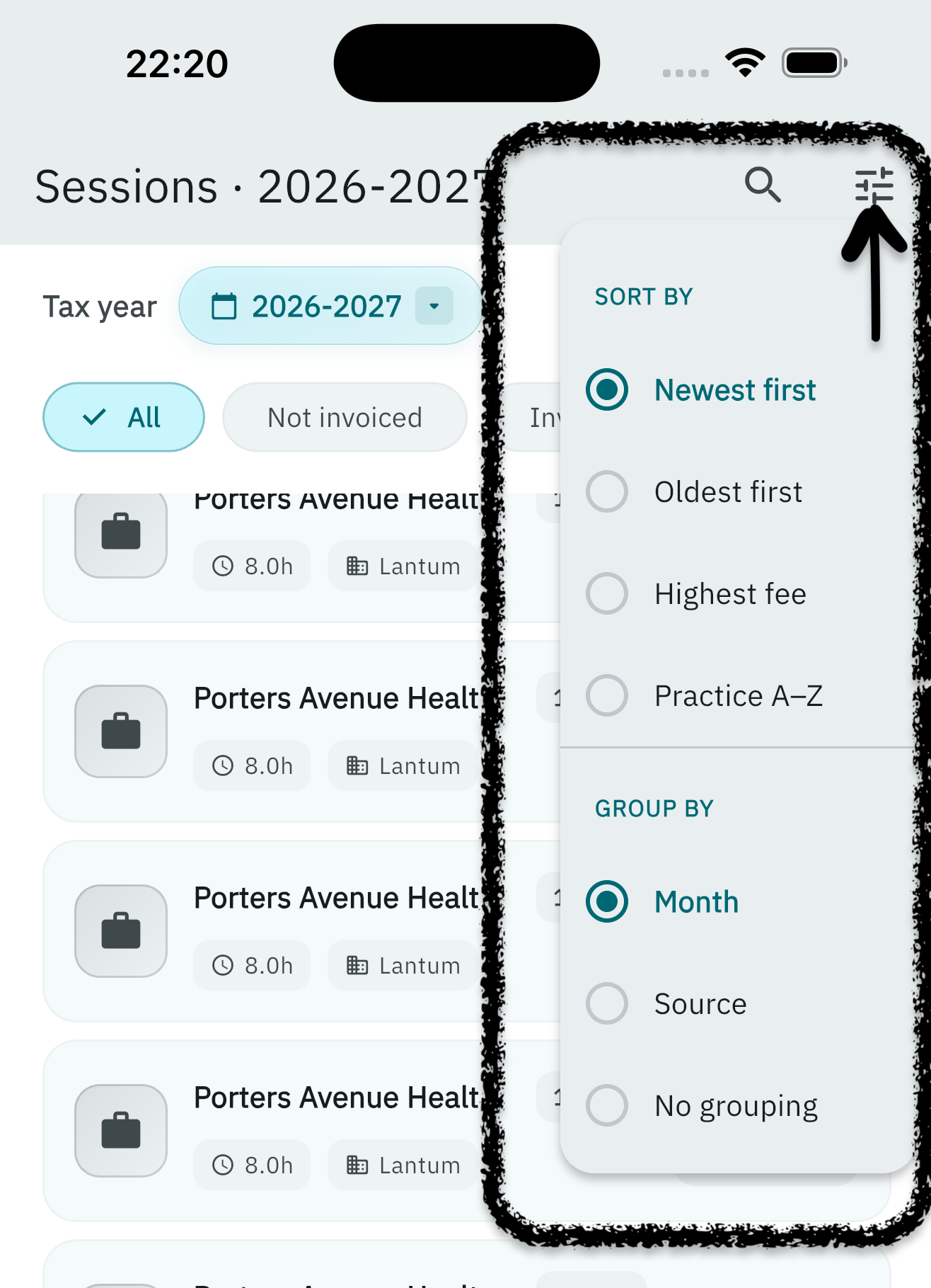 Sort and group menu on the Sessions screen