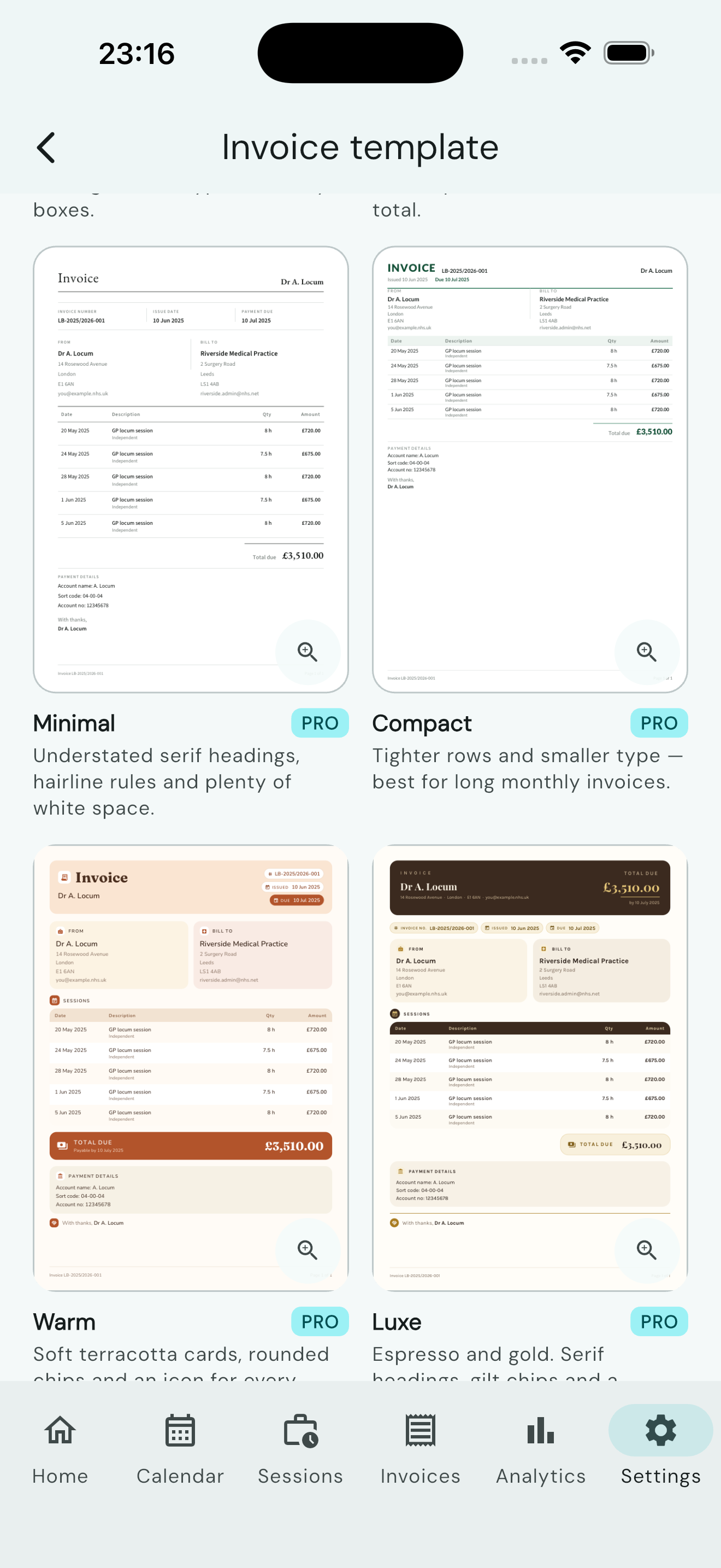 Invoice letterhead and template settings