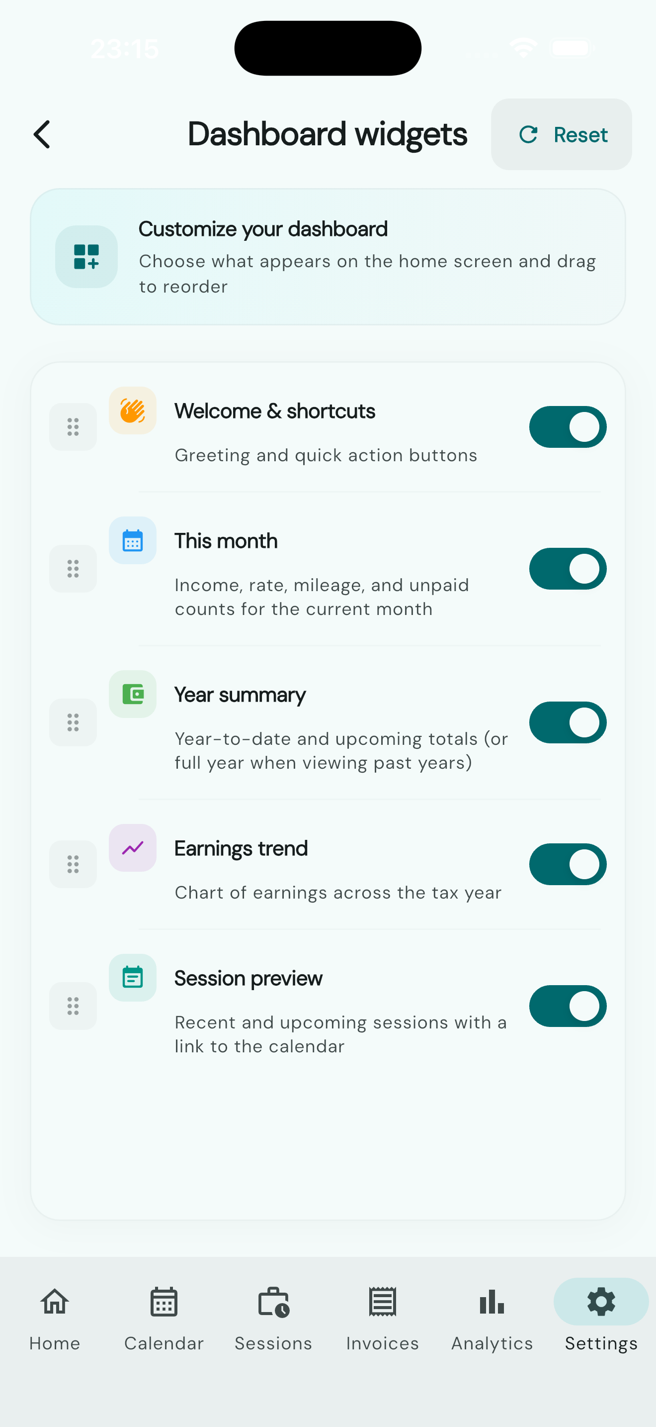 Home-screen widget options in Settings