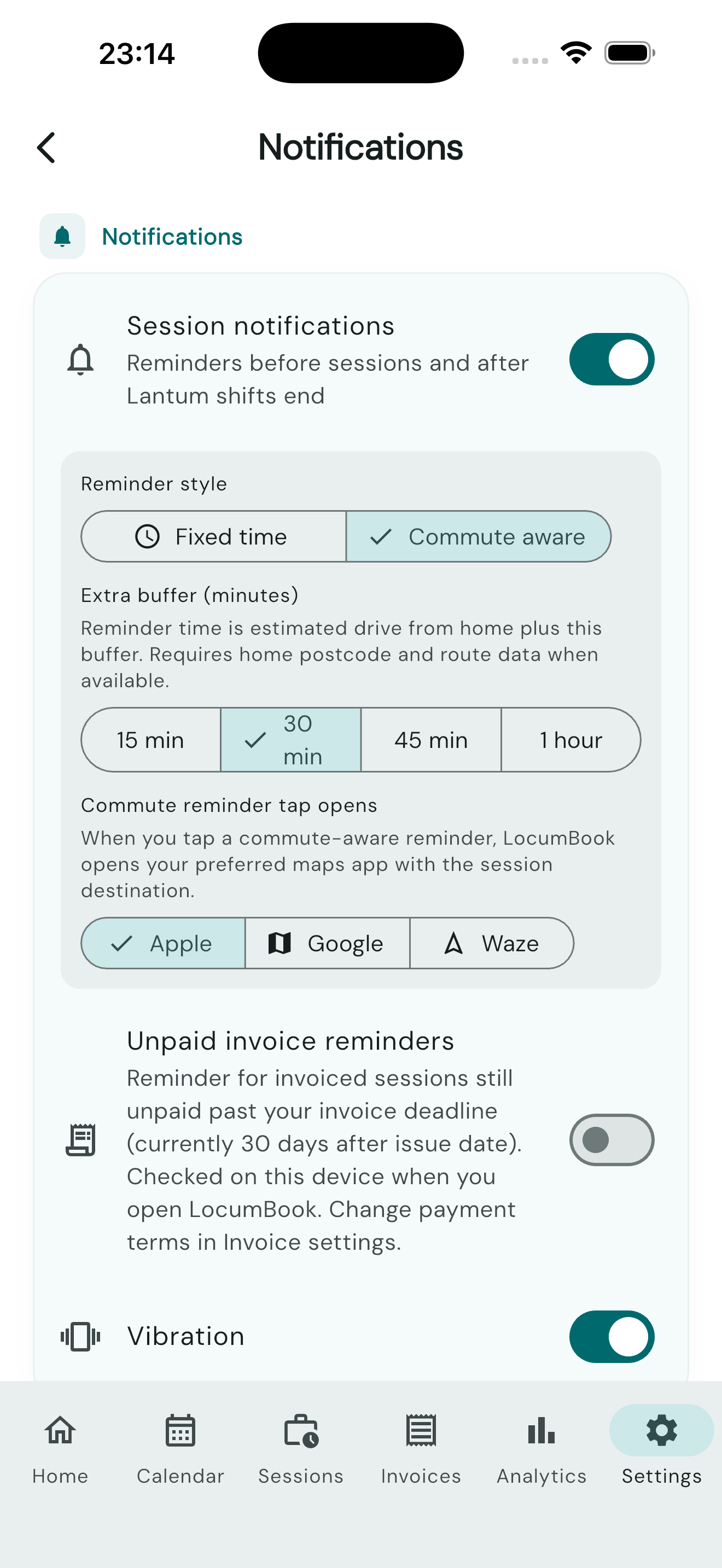 Notification settings for session and invoice reminders