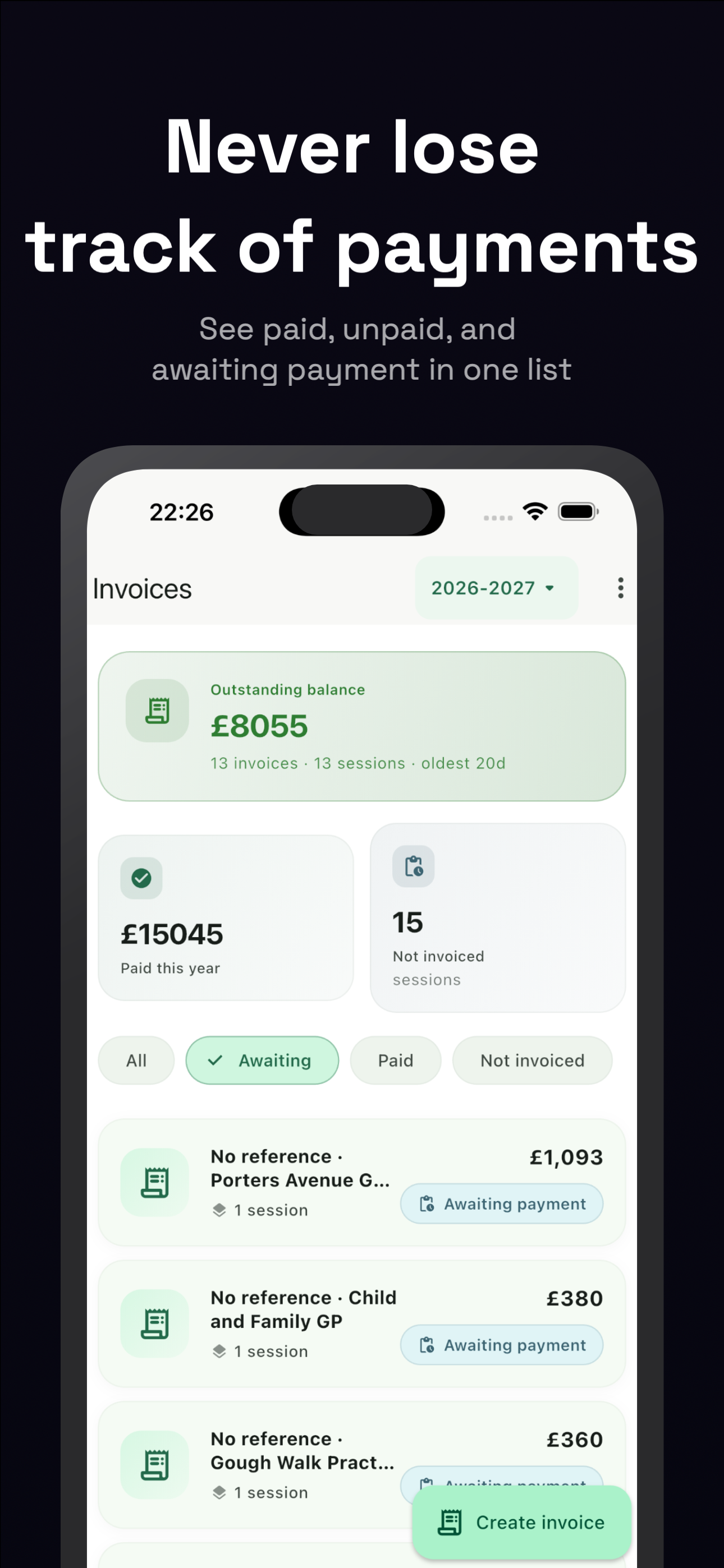 LocumBook invoices screen